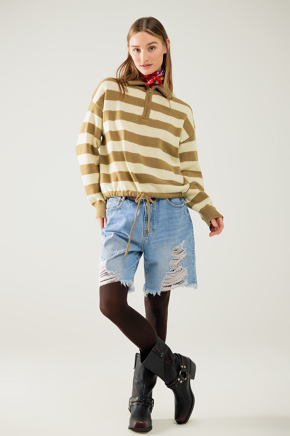 Striped Beige Sweater With Zipper Closure