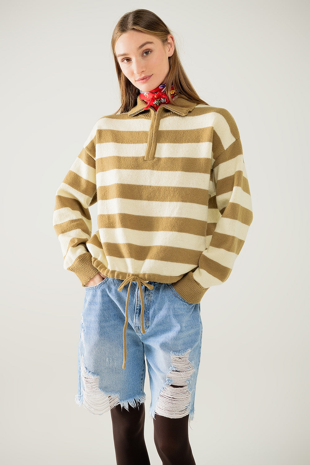 Striped Beige Sweater With Zipper Closure