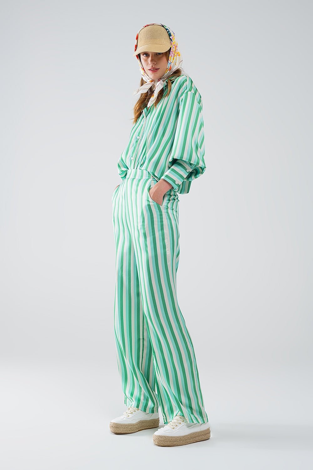 Vertical Striped Straight Leg Satin Pants in Green - Mack & Harvie