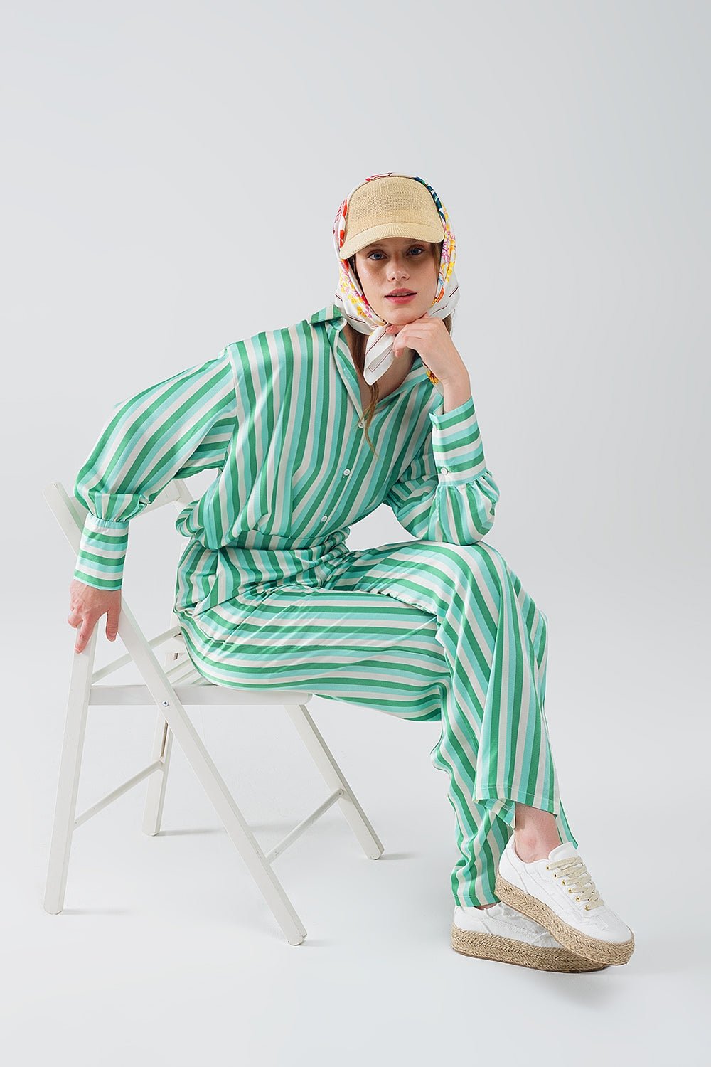 Vertical Striped Straight Leg Satin Pants in Green - Mack & Harvie