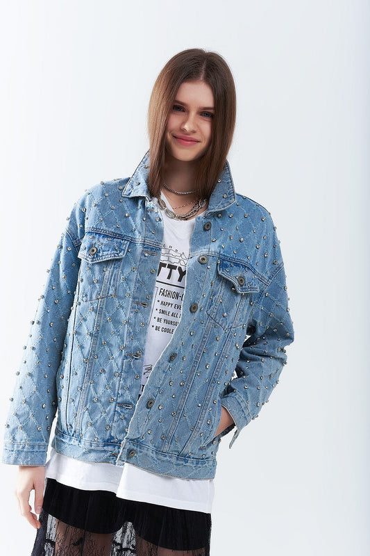 Wide Denim Jacket With Rhinestones in a Diamond Pattern