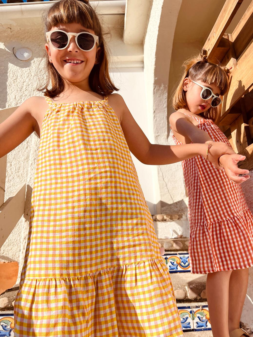 Yellow Gingham Linen Kid Dress - Natural/cyber Yellow