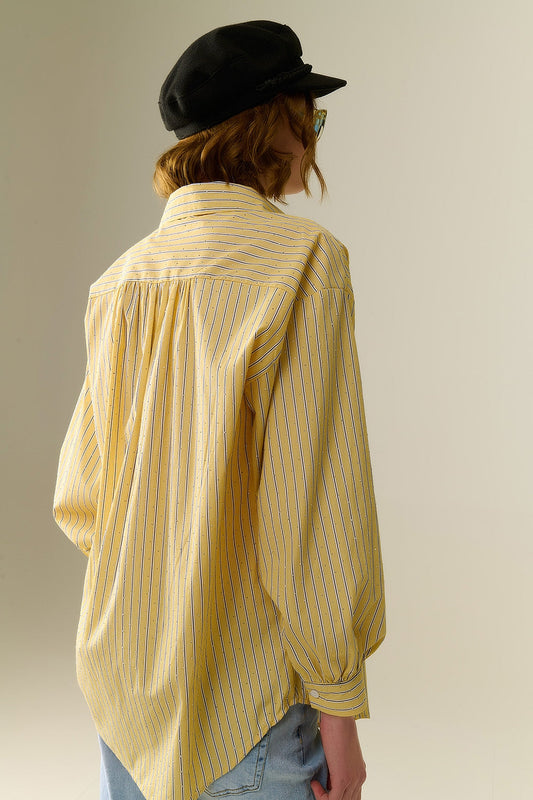 Yellow Striped Poplin Shirt Embellished With Strass
