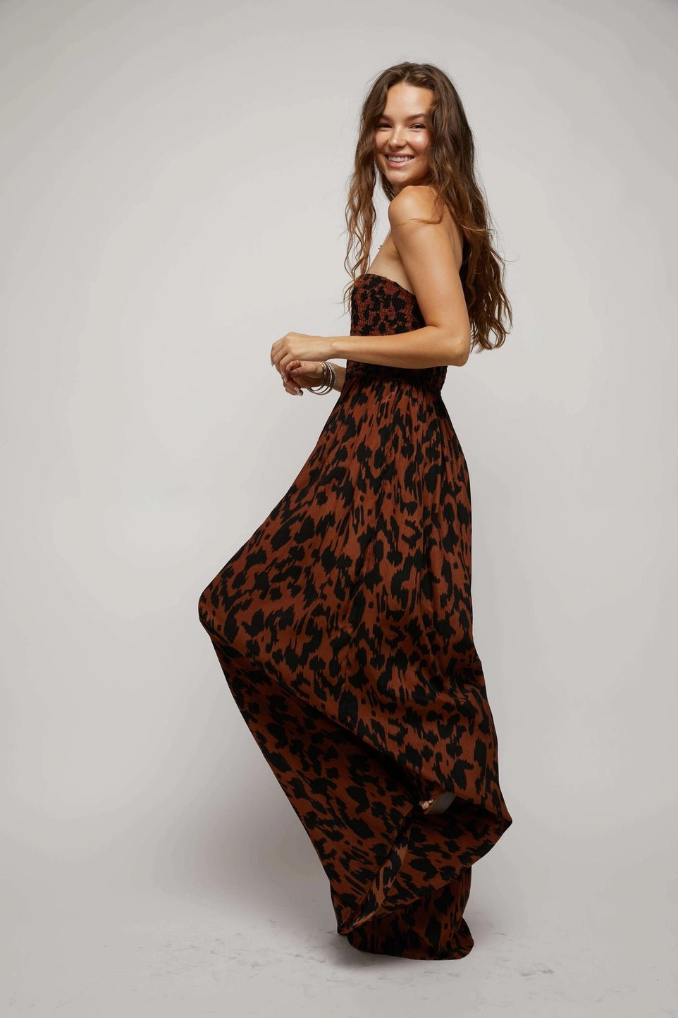 ANIMAL PRINT SMOCKED TUBE WIDE LEG JUMPSUIT - Mack & Harvie