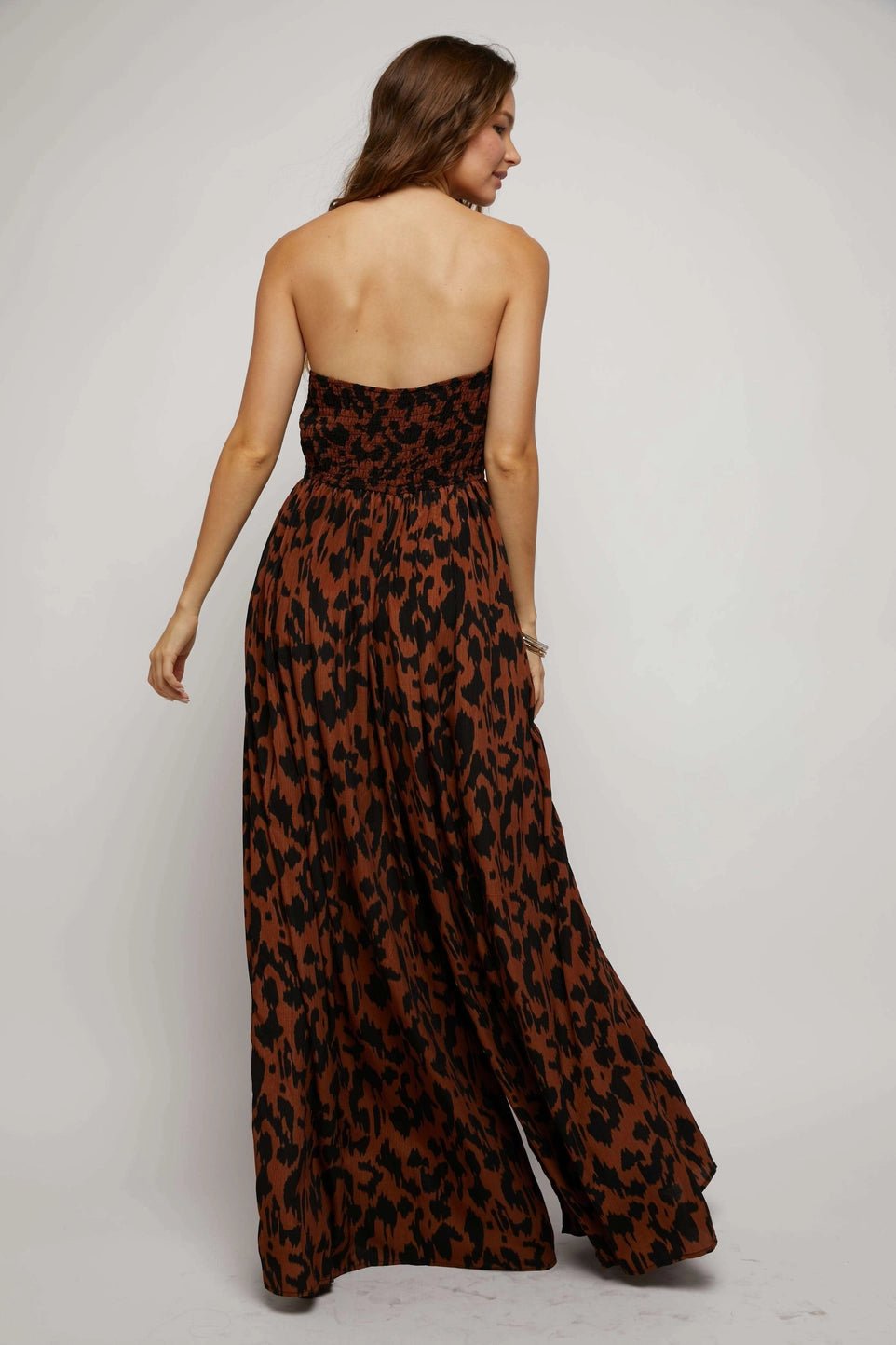 ANIMAL PRINT SMOCKED TUBE WIDE LEG JUMPSUIT - Mack & Harvie