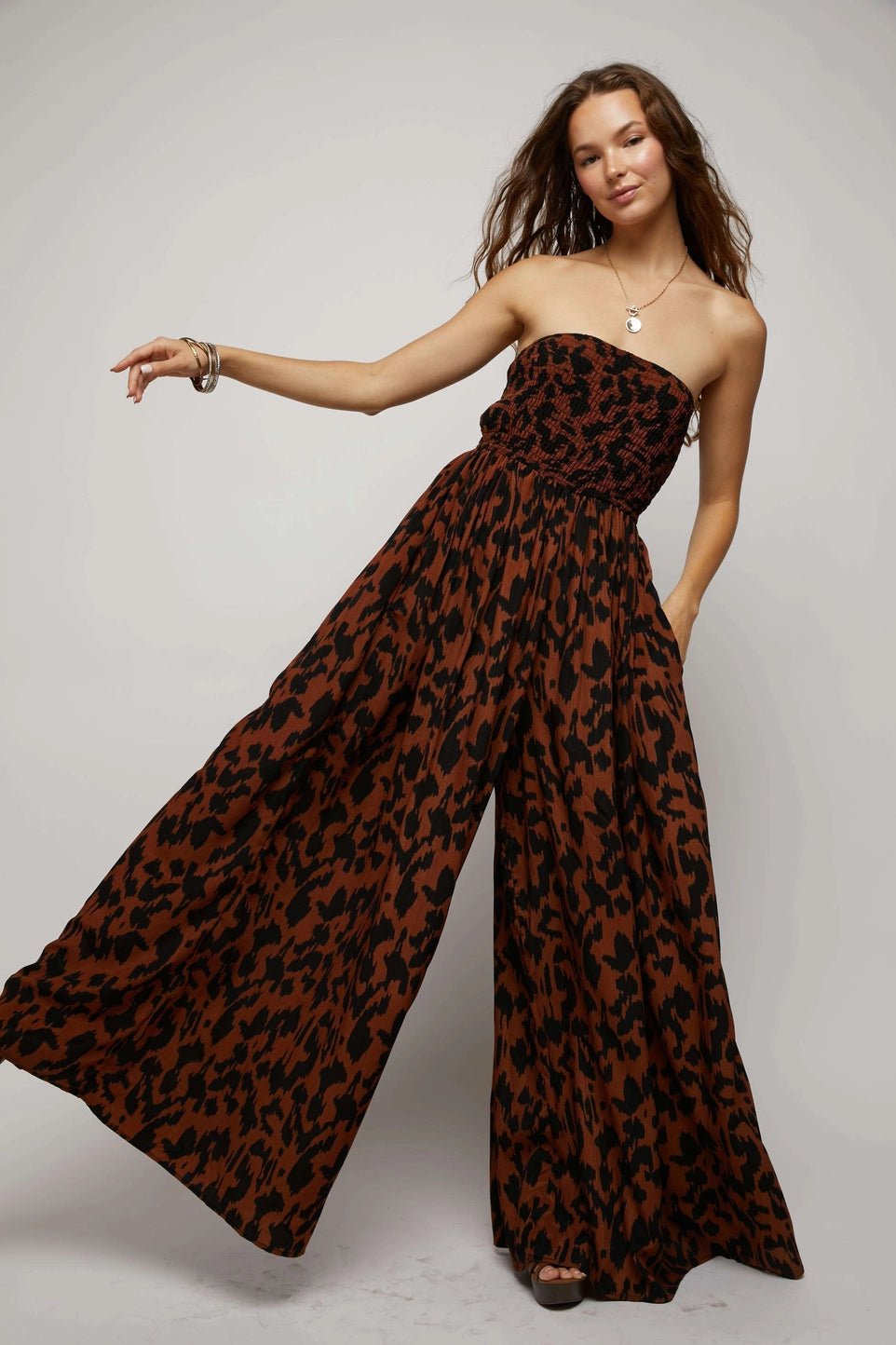 ANIMAL PRINT SMOCKED TUBE WIDE LEG JUMPSUIT - Mack & Harvie