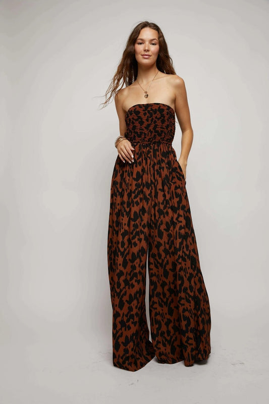 ANIMAL PRINT SMOCKED TUBE WIDE LEG JUMPSUIT - Mack & Harvie