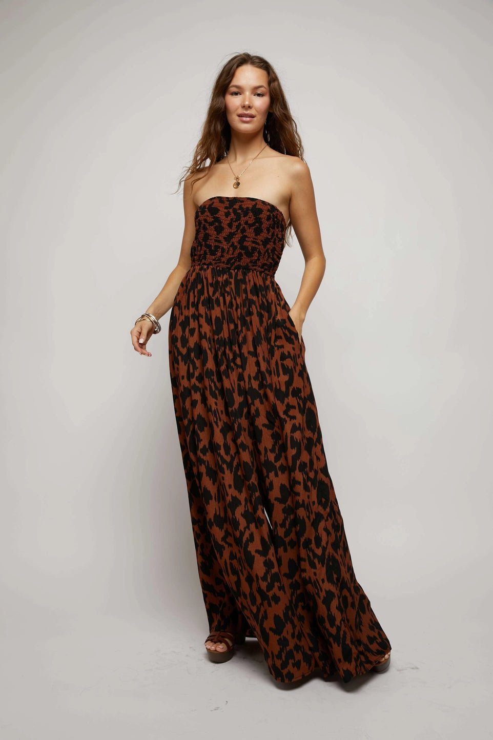 ANIMAL PRINT SMOCKED TUBE WIDE LEG JUMPSUIT - Mack & Harvie