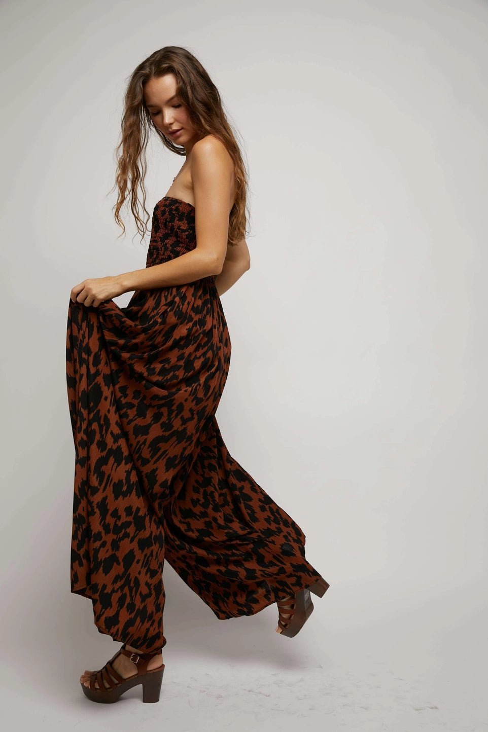 ANIMAL PRINT SMOCKED TUBE WIDE LEG JUMPSUIT - Mack & Harvie