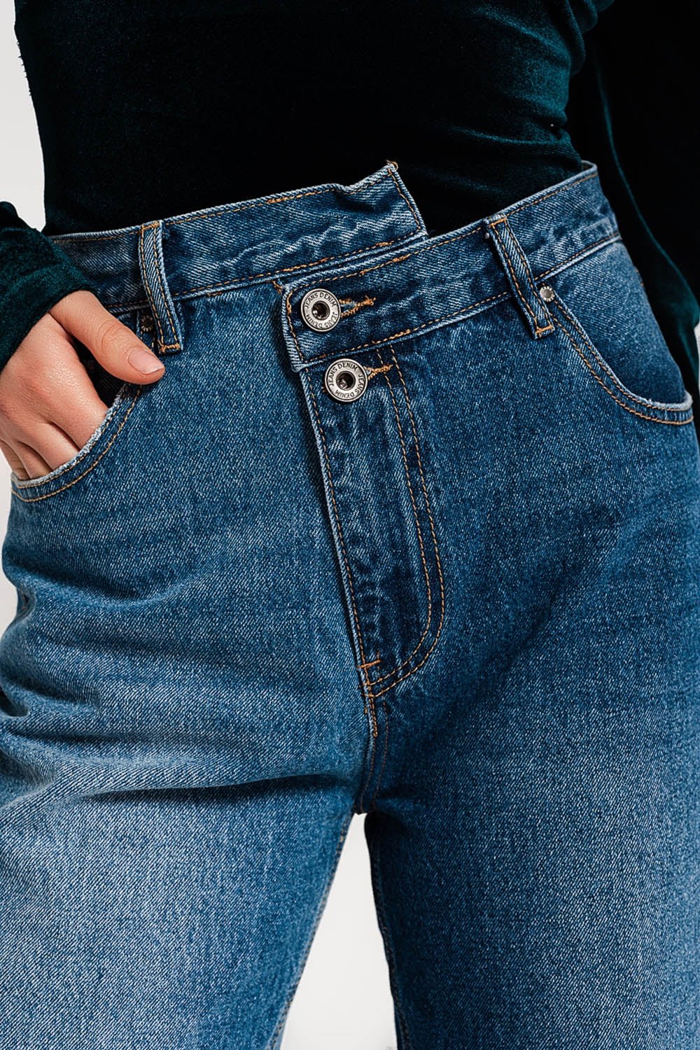 Asymmetric Button Detail Straight Jeans in Mid Blue - Mack & Harvie