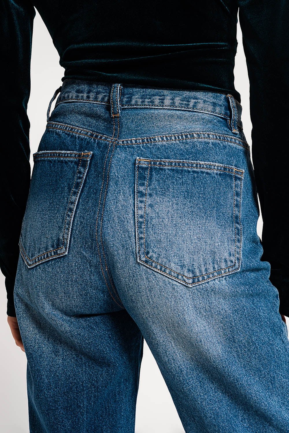 Asymmetric Button Detail Straight Jeans in Mid Blue - Mack & Harvie