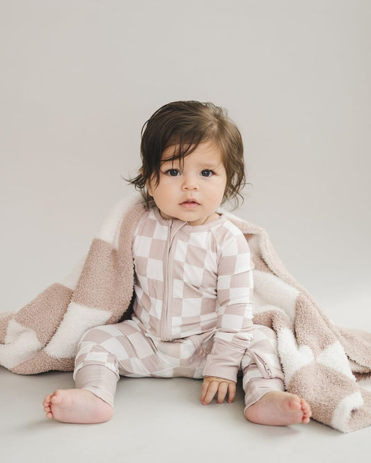 Bamboo Zip Romper | Beige Checkered - Mack & Harvie