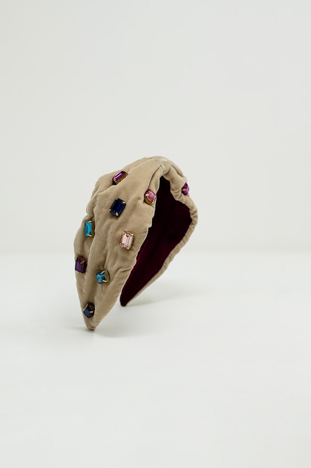 Beige Velvet Headband With Rhinestone Embellishments - Mack & Harvie
