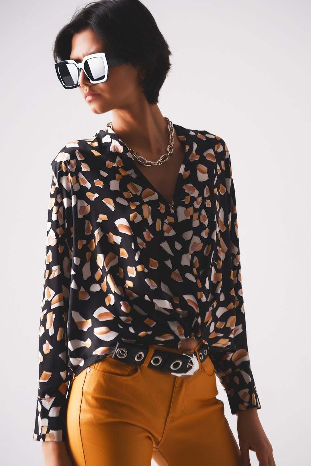 Black Blouse With Print and Wrapped Front - Mack & Harvie