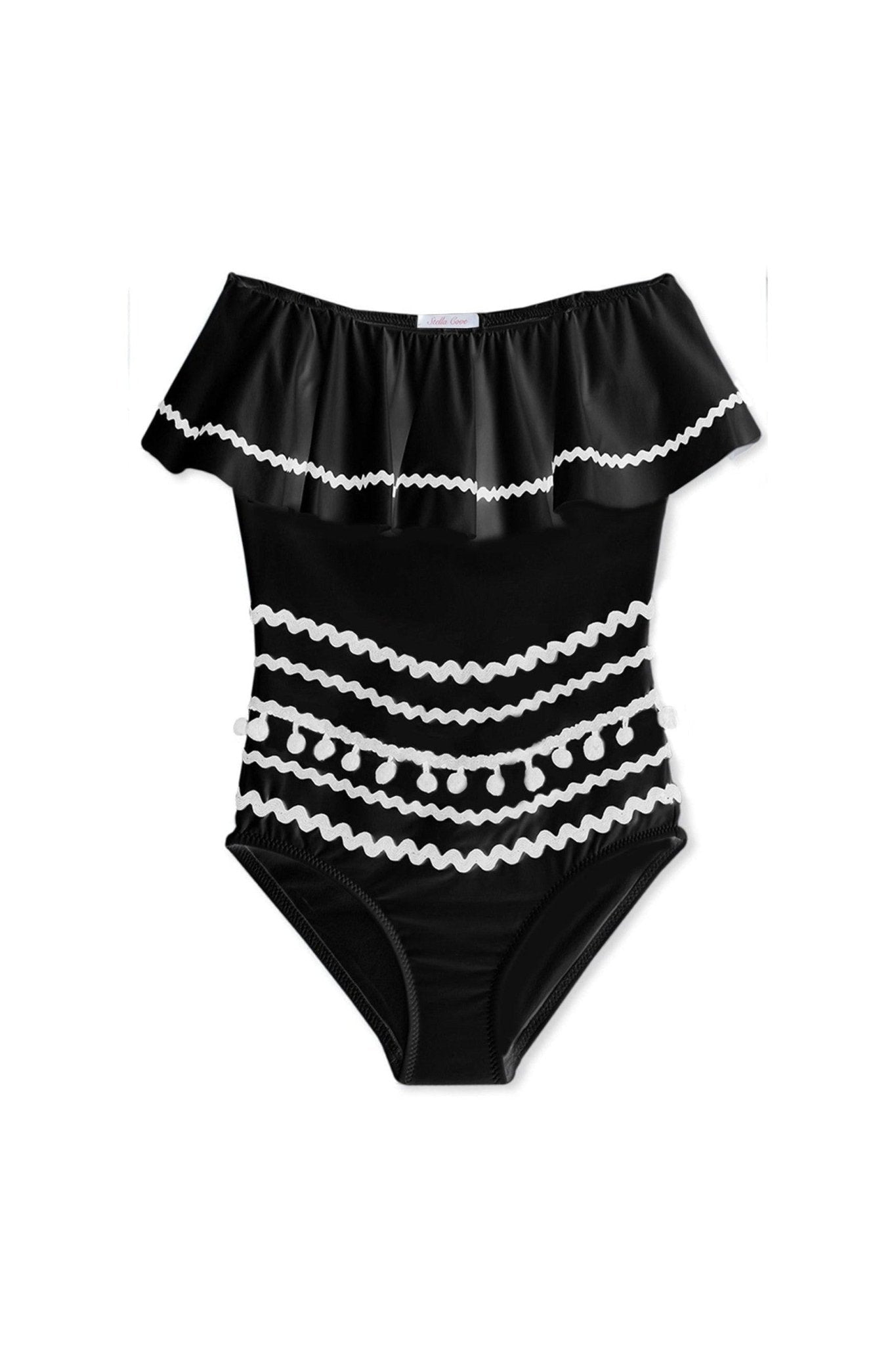 Black Drape Swimsuit with White Pom Poms for GIrls - Mack & Harvie