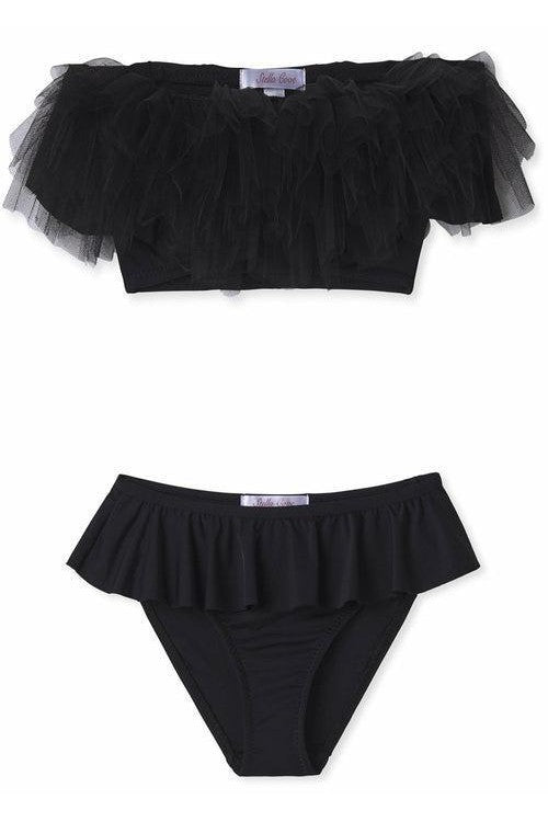 Black Draped Bikini With Tulle for Girls - Mack & Harvie