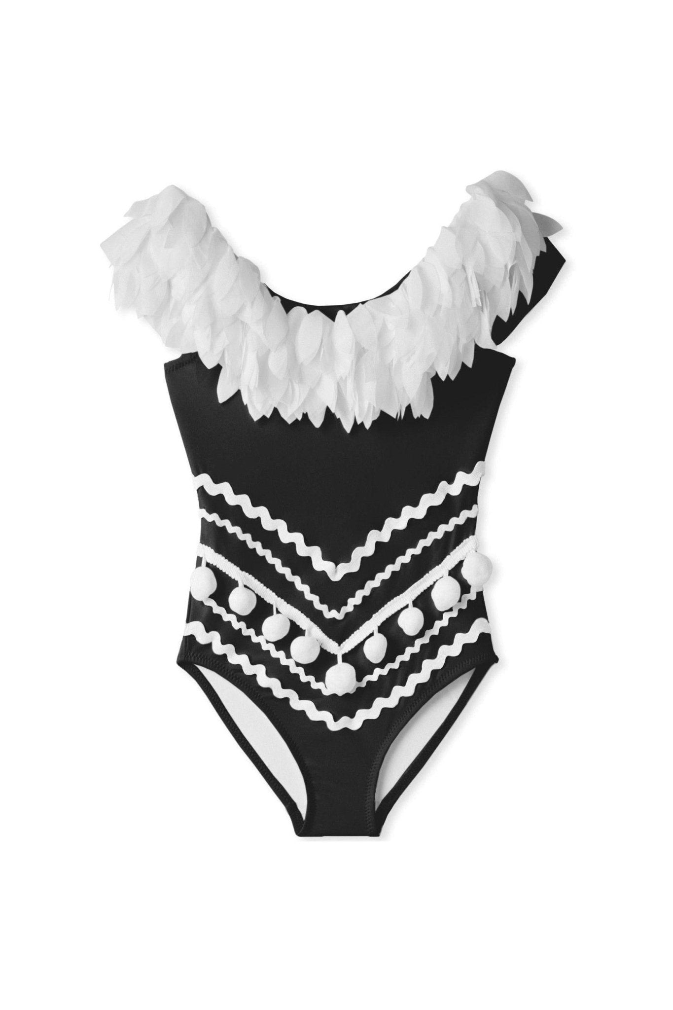Black Draped Swimsuit with Petals & Pom Poms - Mack & Harvie