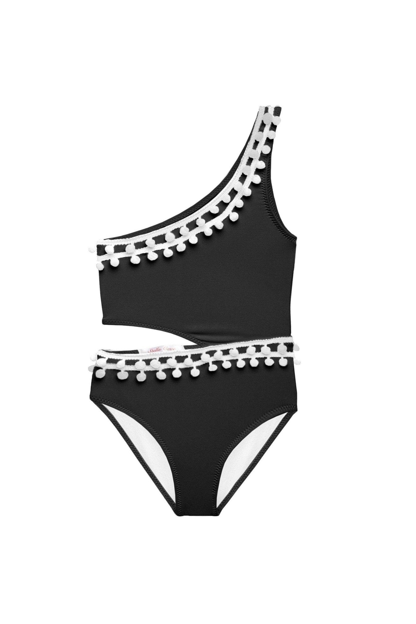 Black Side Cut Swimsuit with White Pom Poms - Mack & Harvie