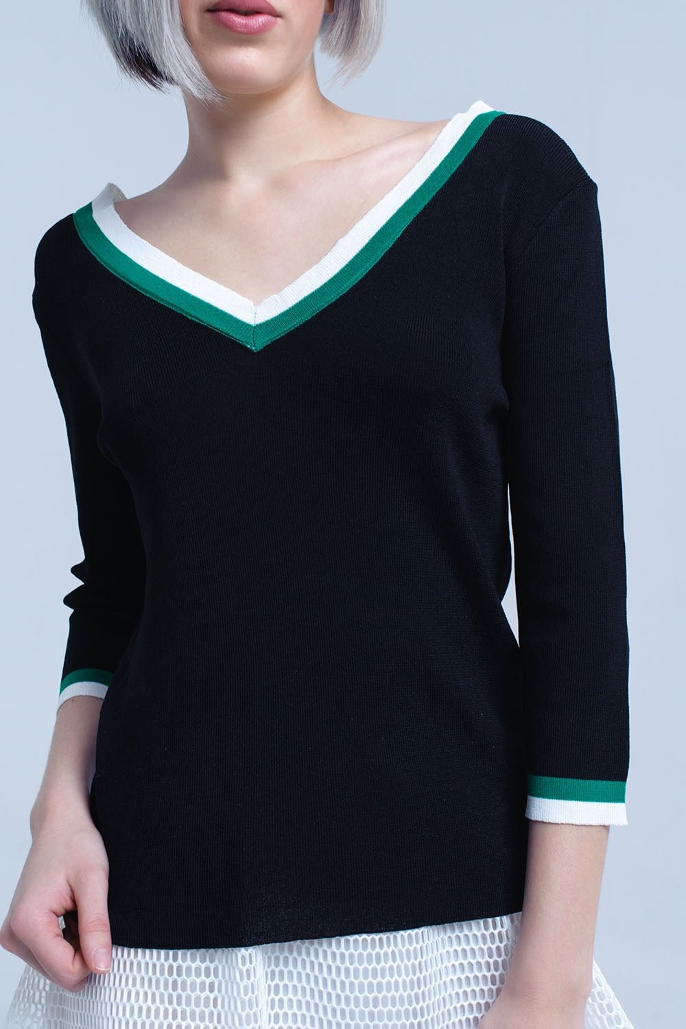 Black V-Neck Jersey With Green and White Contrast Trim - Mack & Harvie