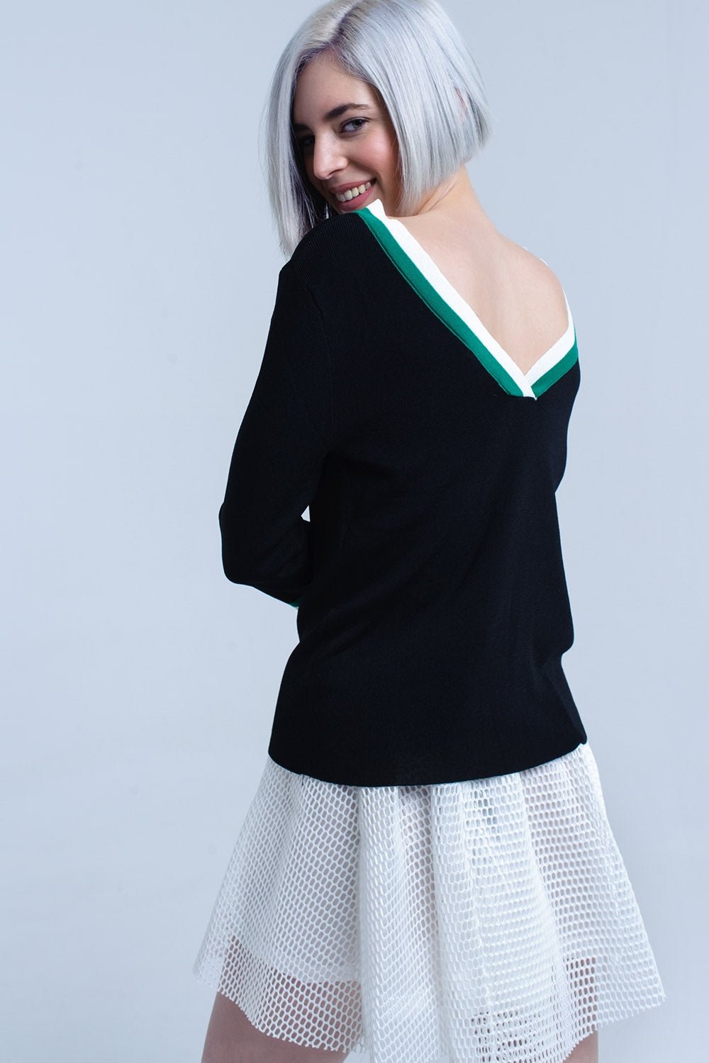 Black V-Neck Jersey With Green and White Contrast Trim - Mack & Harvie