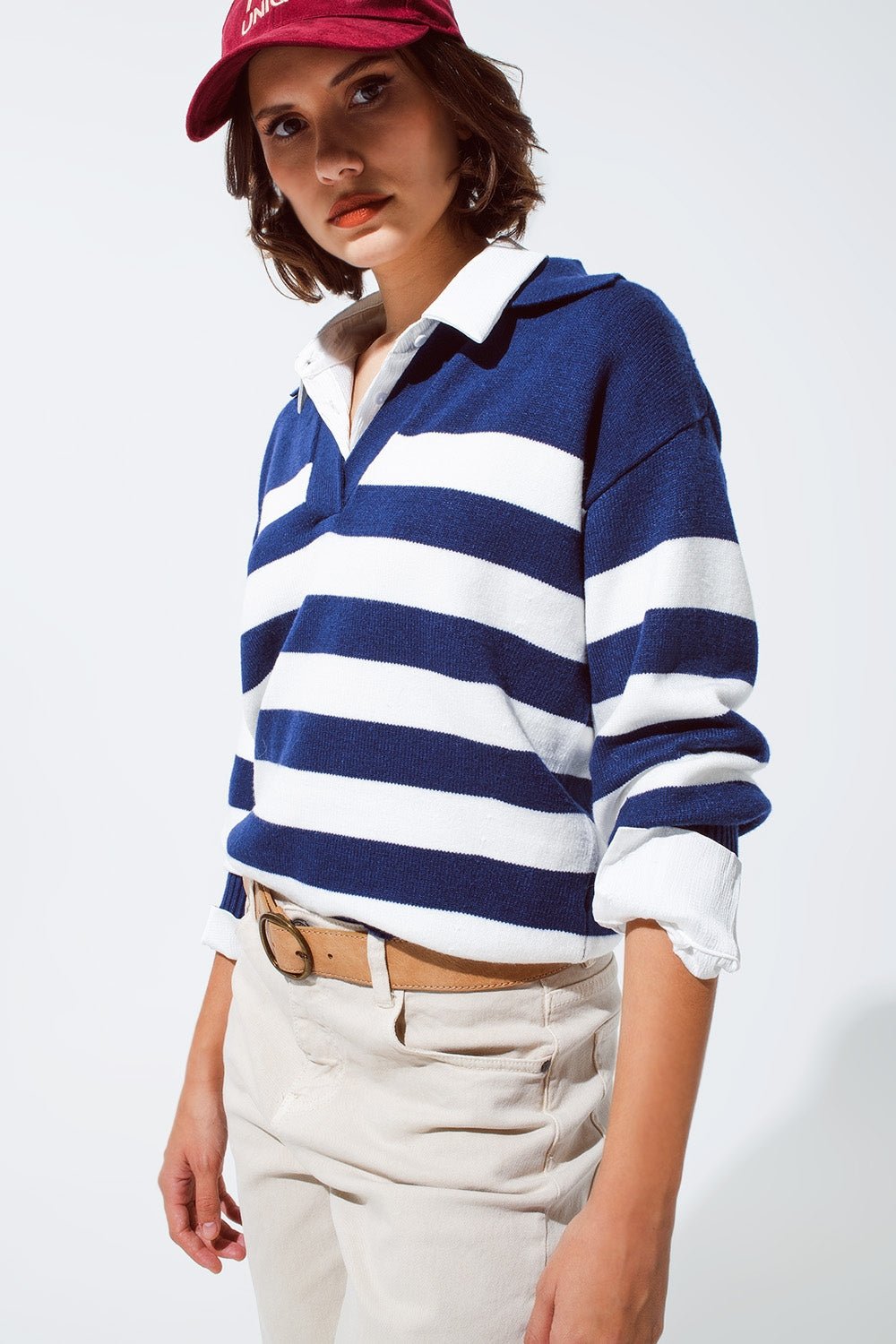 Blue and White Striped Sweater With v Neck and Polo Collar - Mack & Harvie