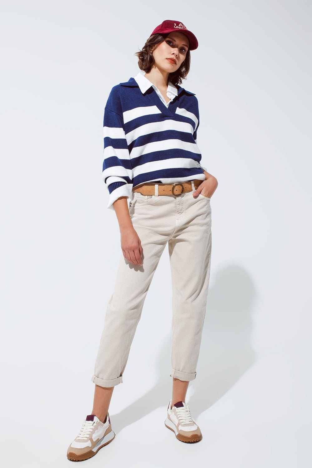 Blue and White Striped Sweater With v Neck and Polo Collar - Mack & Harvie