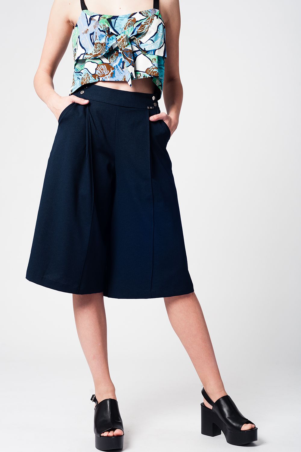 Blue Navy Pants Skirt With Silver Buttons - Mack & Harvie