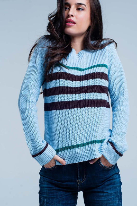 Blue Rib Stitch Sweater With Stripes - Mack & Harvie