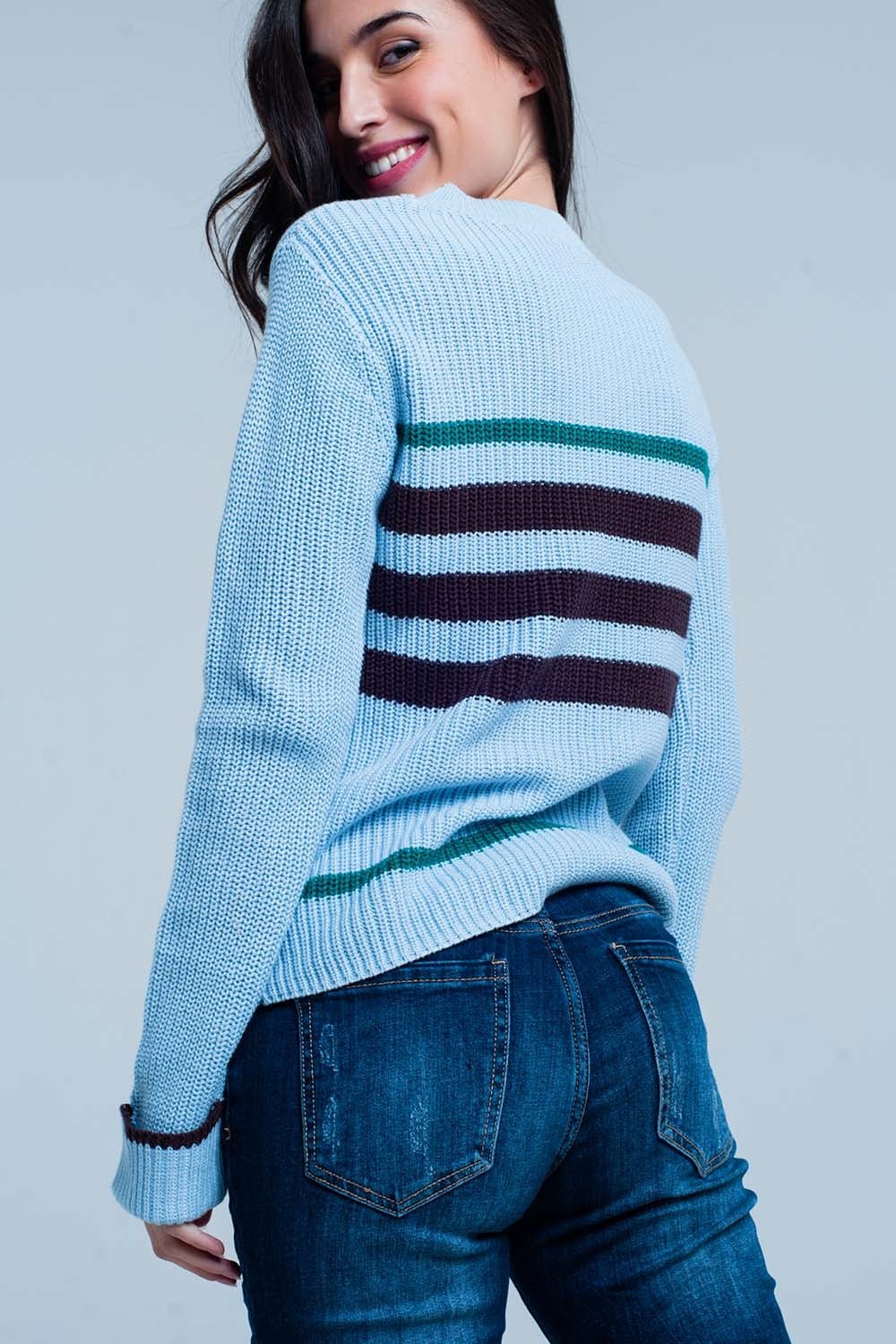 Blue Rib Stitch Sweater With Stripes - Mack & Harvie