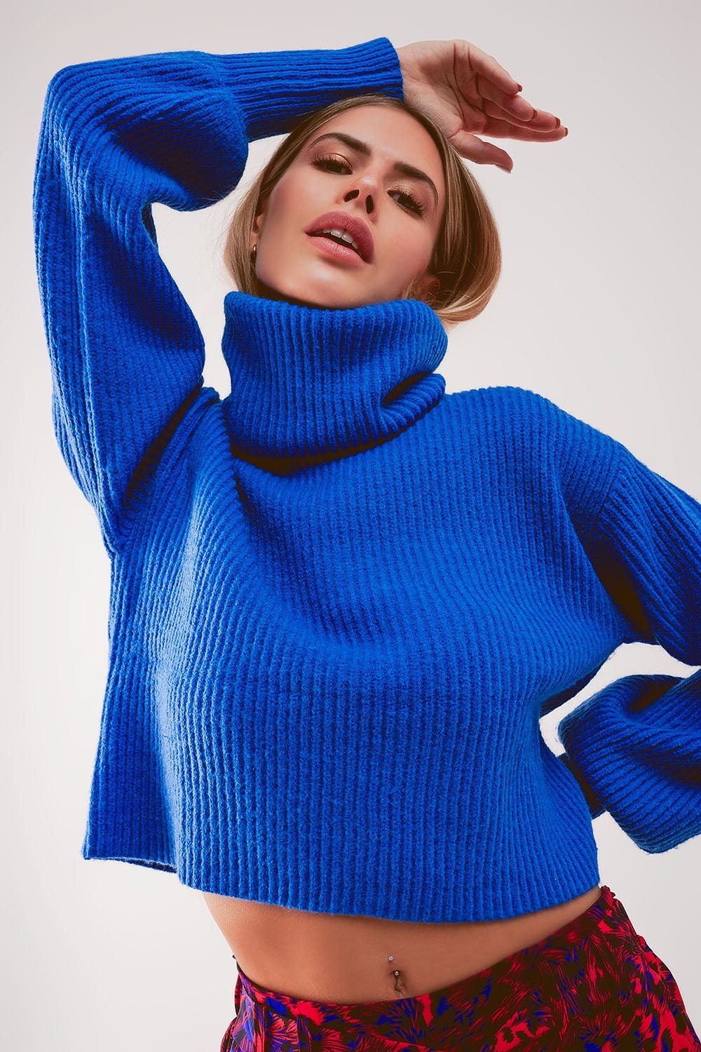 Blue Ribbed Knit Turtleneck Jumper With Balloon Sleeves - Mack & Harvie