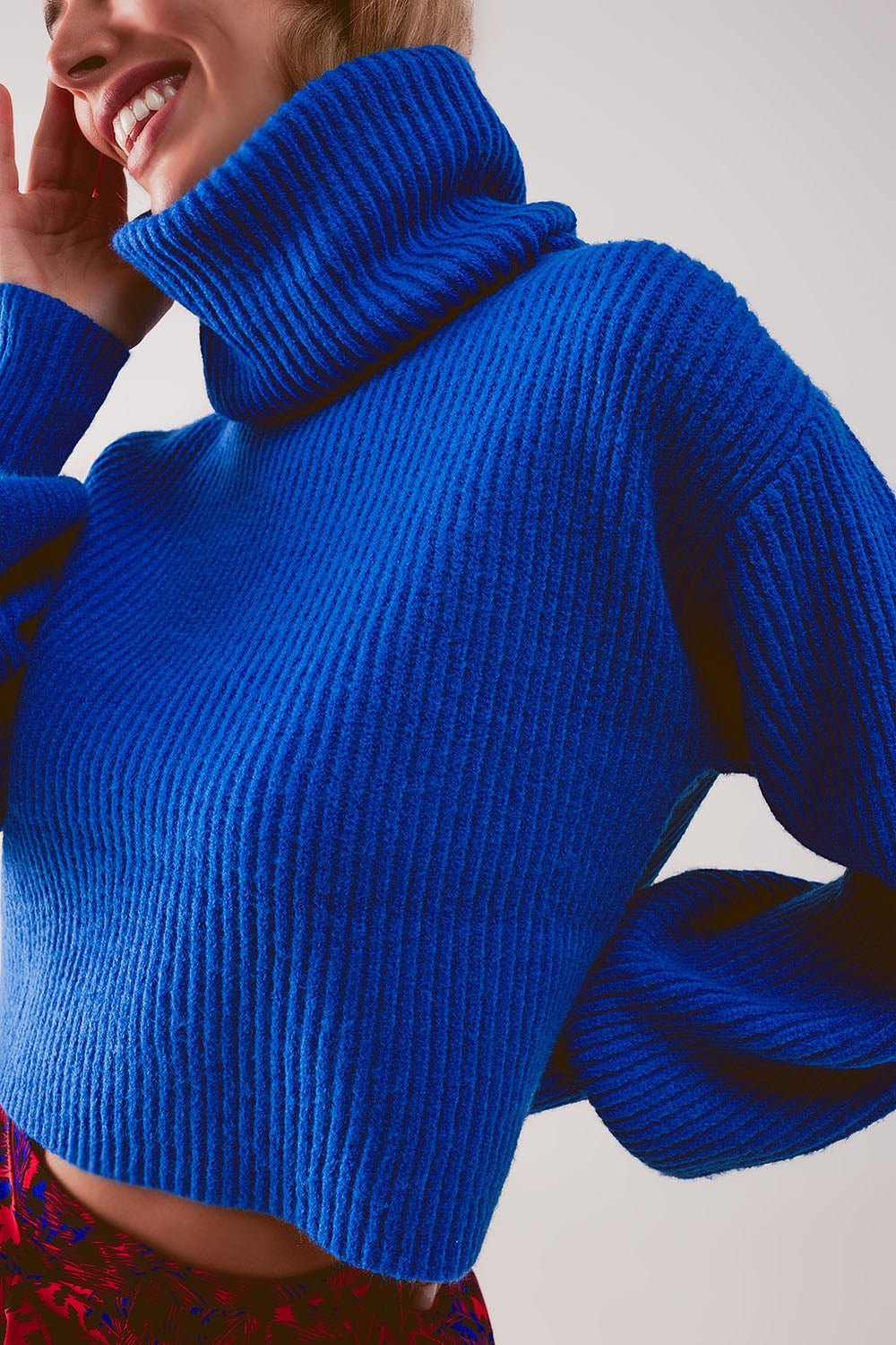 Blue Ribbed Knit Turtleneck Jumper With Balloon Sleeves - Mack & Harvie