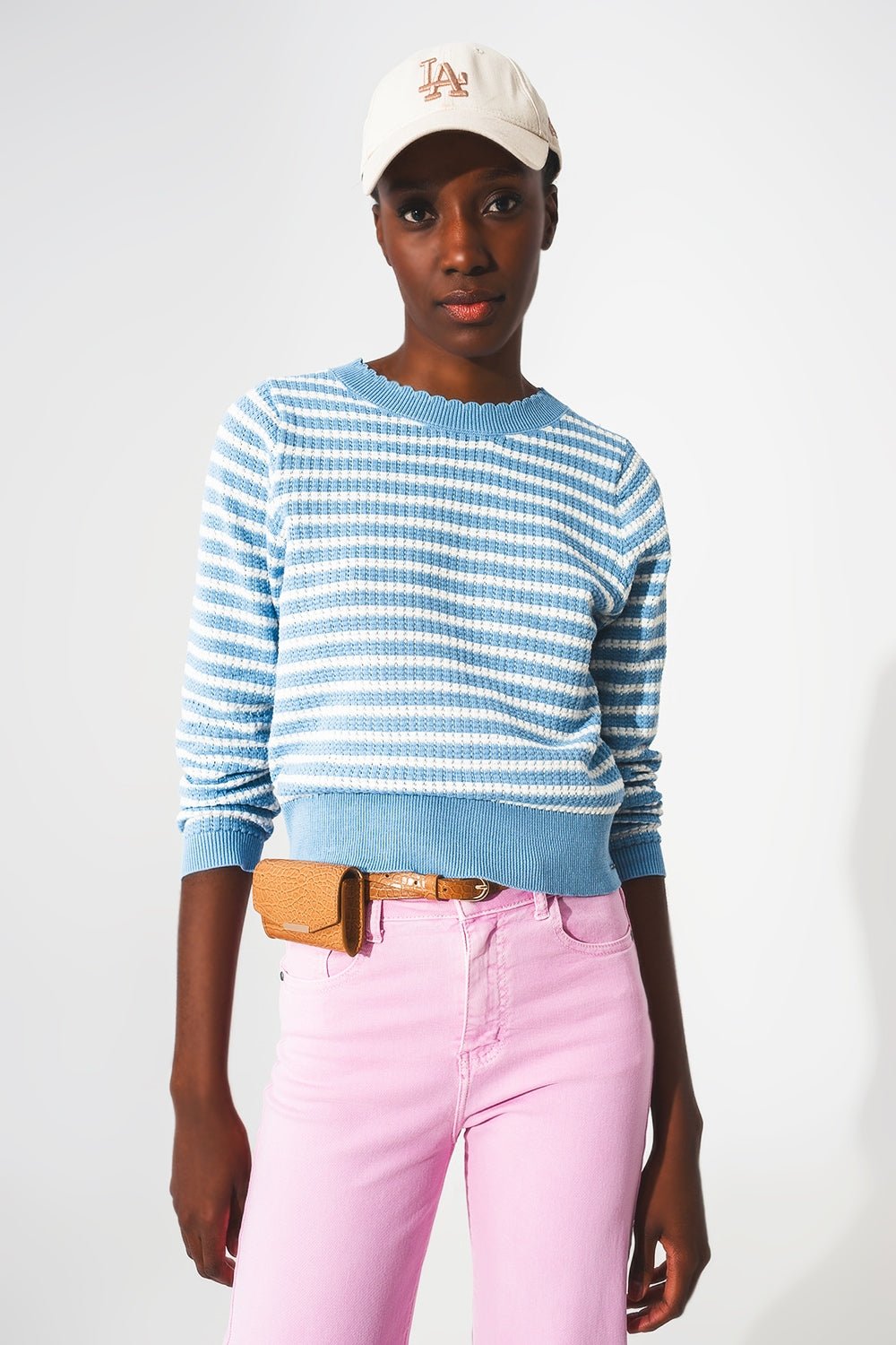Blue Striped Sweater With Ruffled Trim - Mack & Harvie