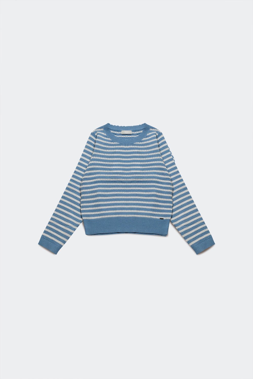 Blue Striped Sweater With Ruffled Trim - Mack & Harvie