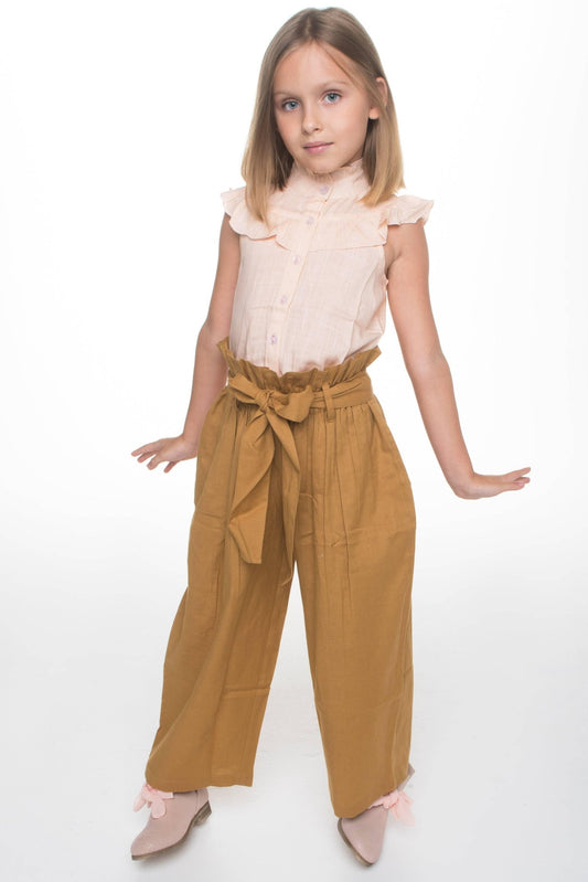 Blush Frill Top with Khakhi Paper Bag Pants 2 pc. Set - Mack & Harvie