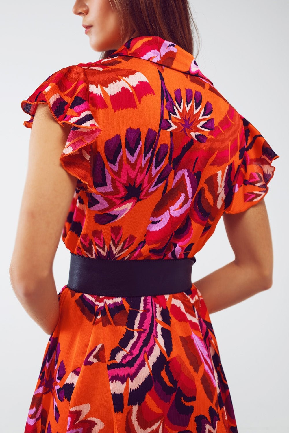 Button Down Skater Frilly Dress in Orange Floral Abstract Print - Mack & Harvie