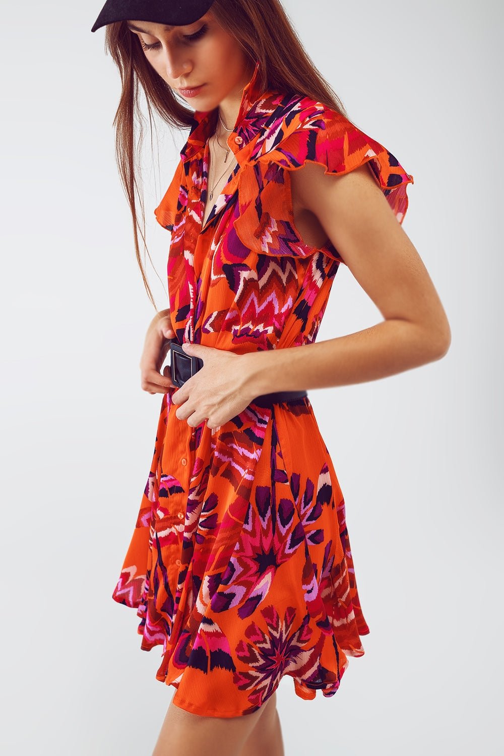 Button Down Skater Frilly Dress in Orange Floral Abstract Print - Mack & Harvie