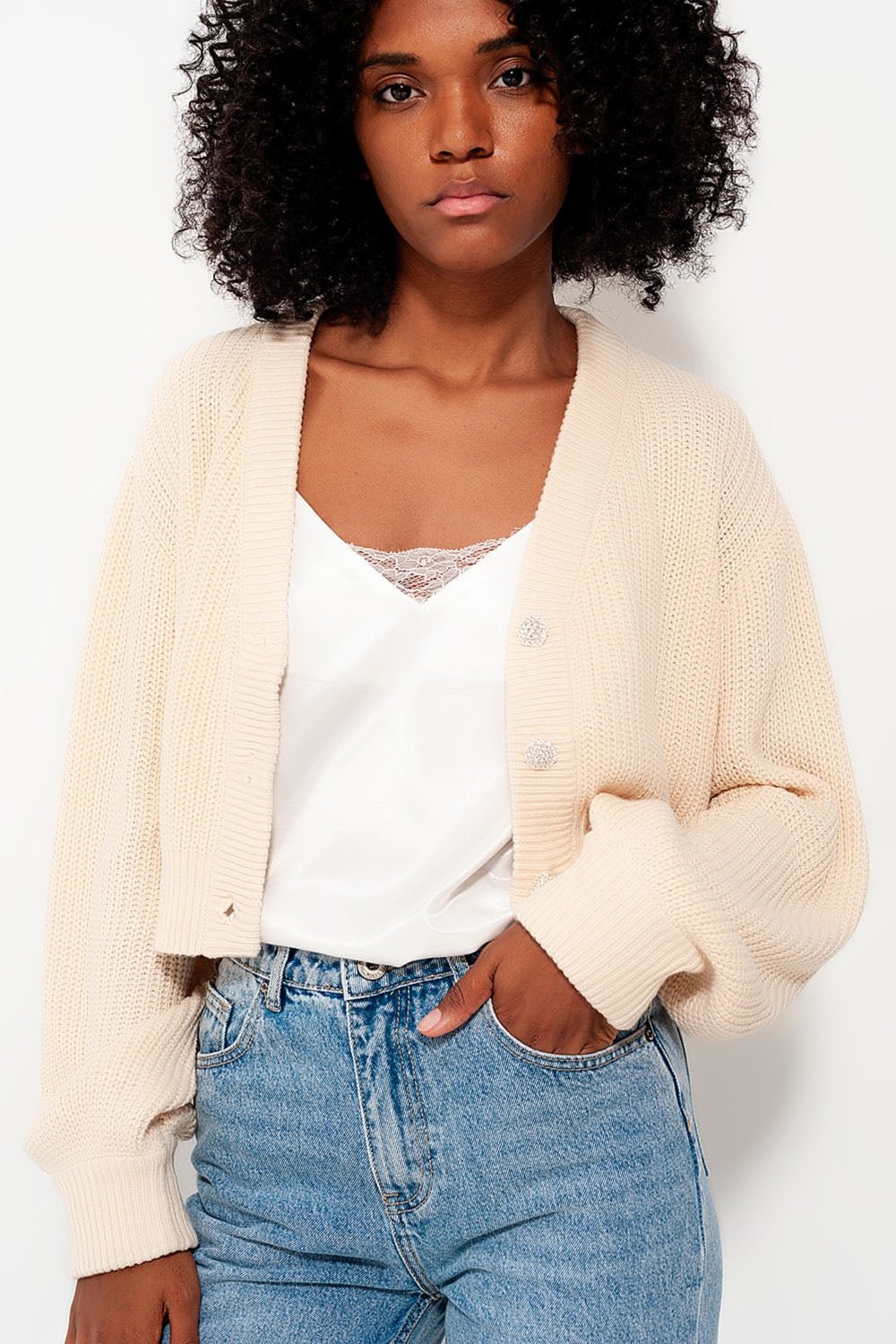 Cardigan With Long Sleeves and Diamante Button Detail in Cream - Mack & Harvie
