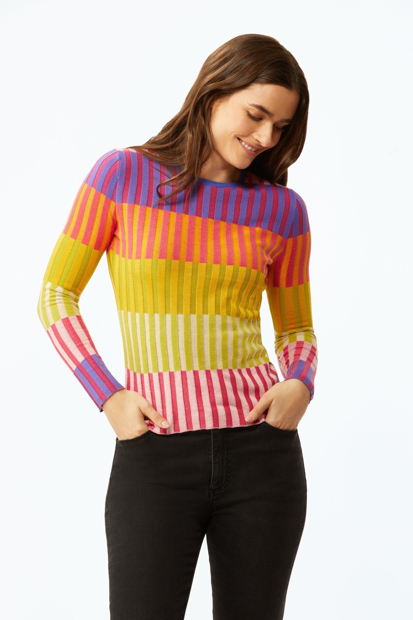 Colorblock Multi Rib Crew Neck Sweater - Multi Colorblock - Mack & Harvie
