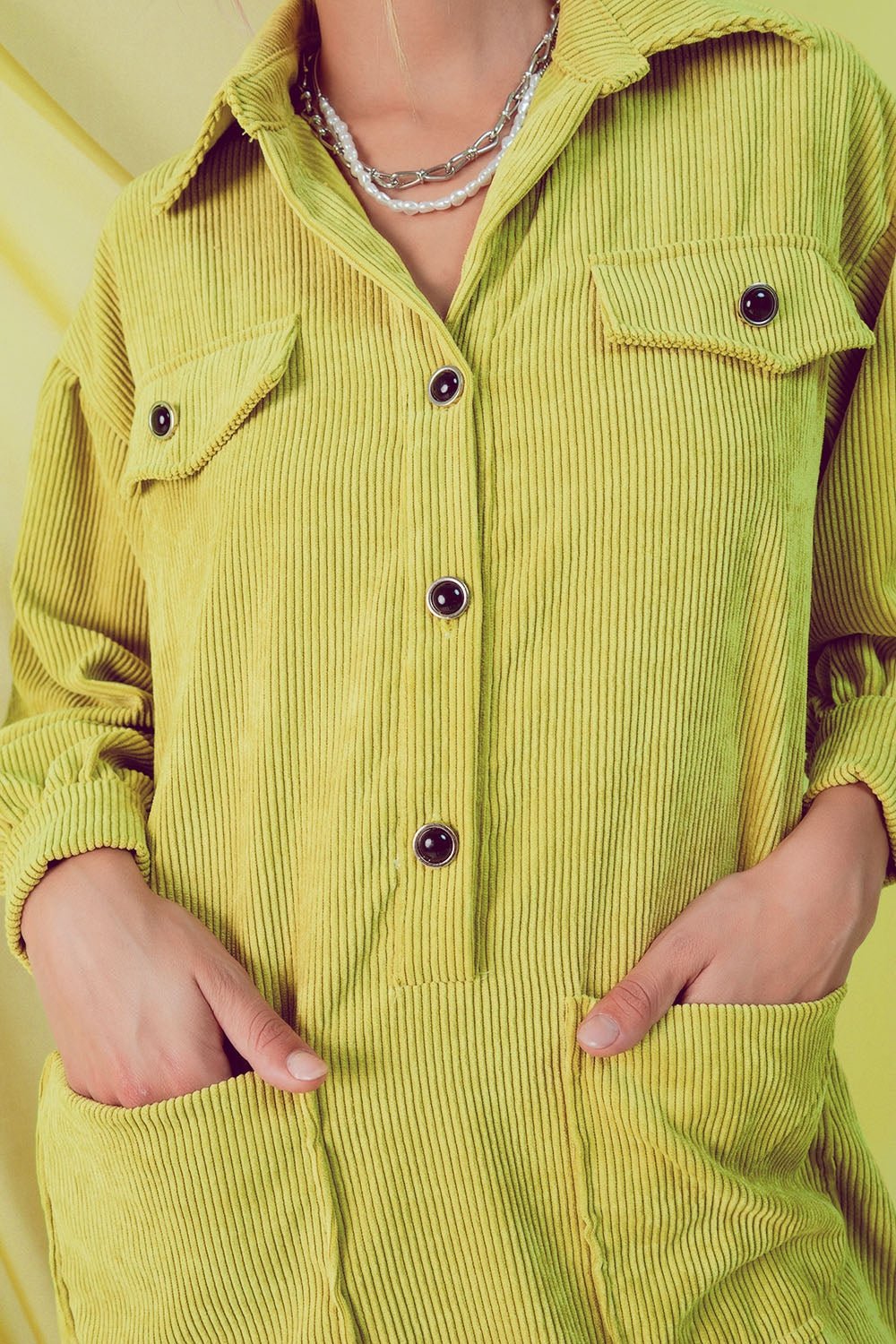 Cord Mini Shirt Dress in Lime - Mack & Harvie