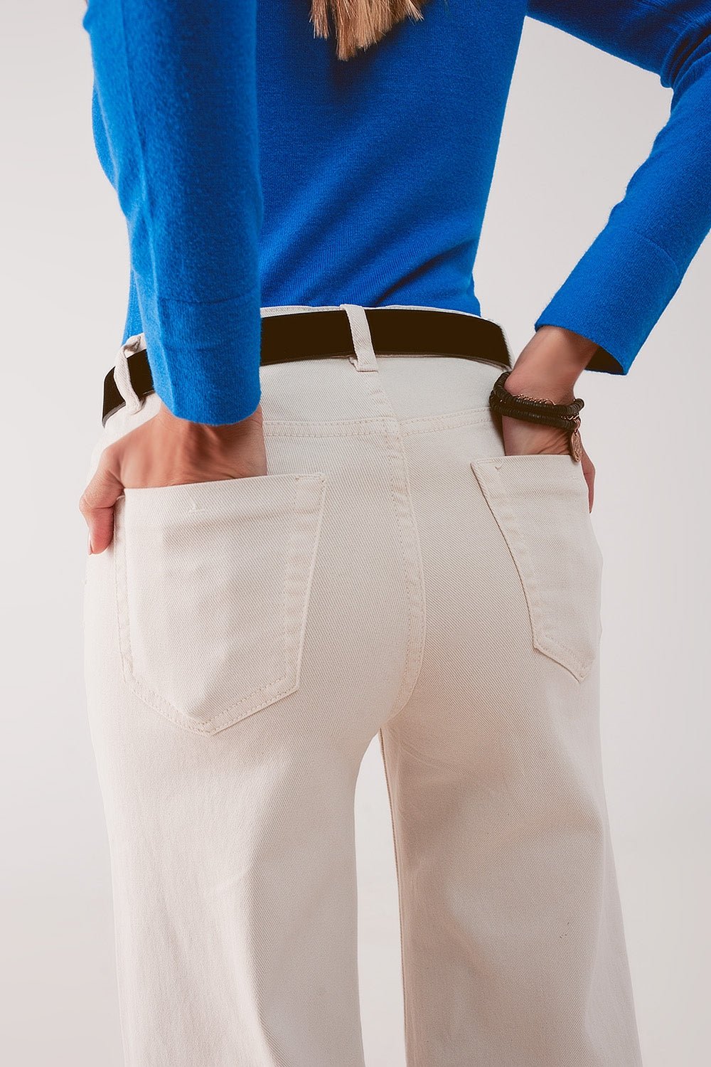 Cotton Blend Wide Leg Jeans in Beige - Mack & Harvie
