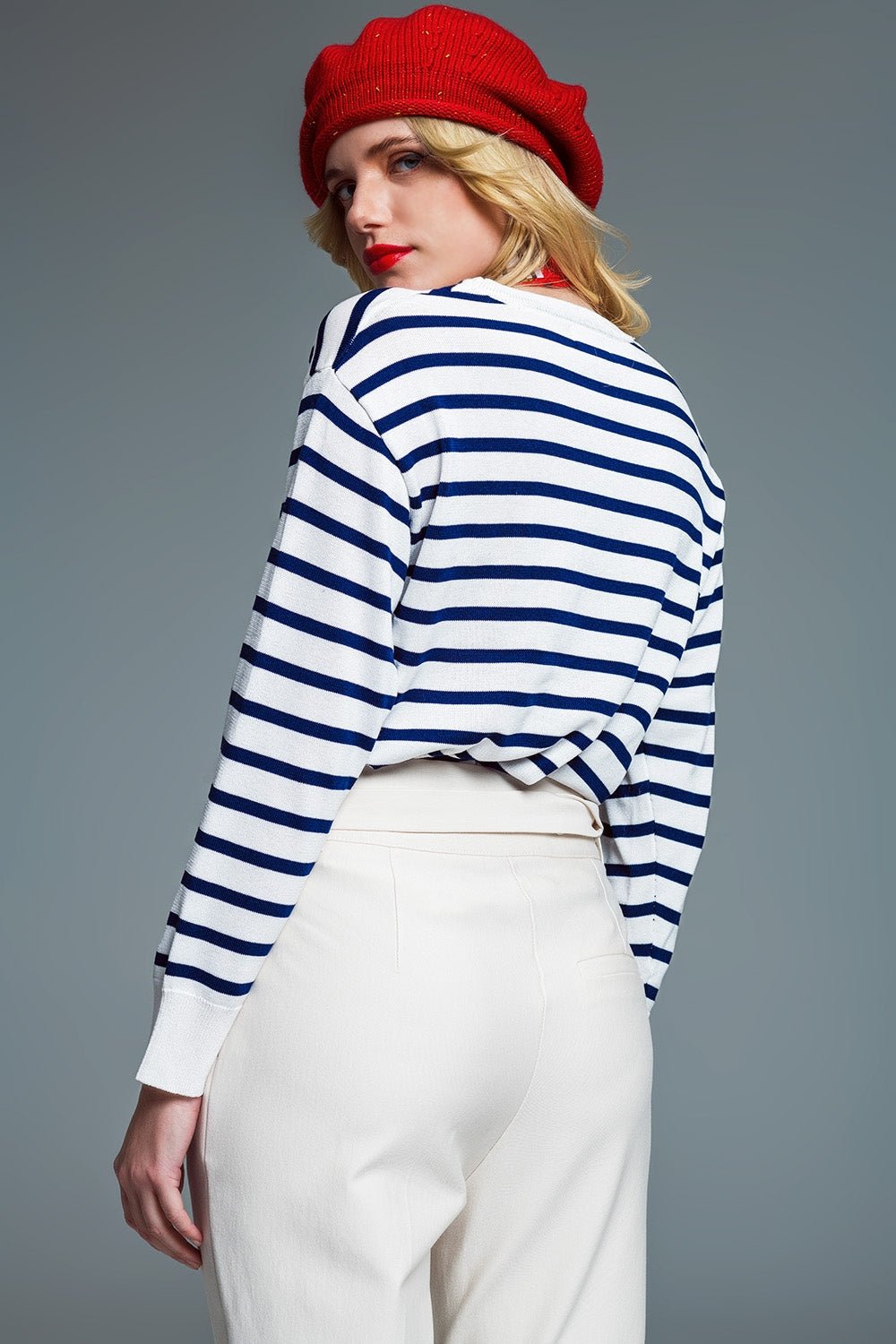 Crew Neck Basic Stripe Sweater in White and Navy - Mack & Harvie