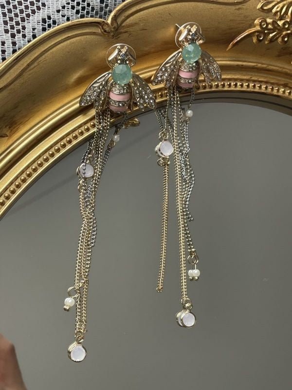 Crystal enamel bee link chain tassel earring - Mack & Harvie