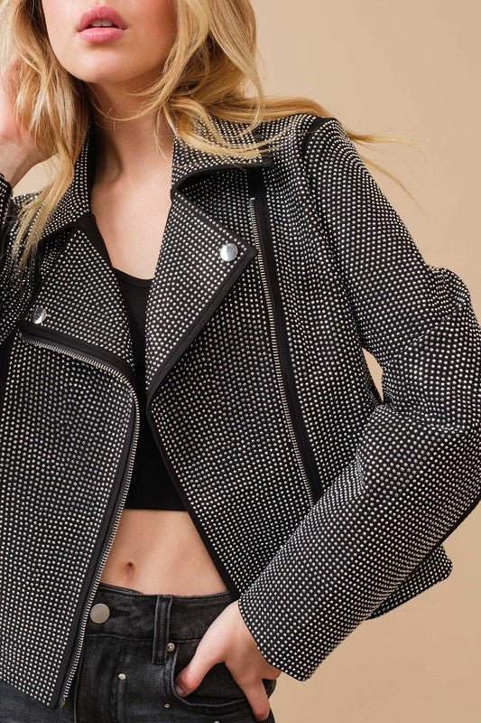 Crystal Studded Stretch Zip Up Moto Jacket - Mack & Harvie