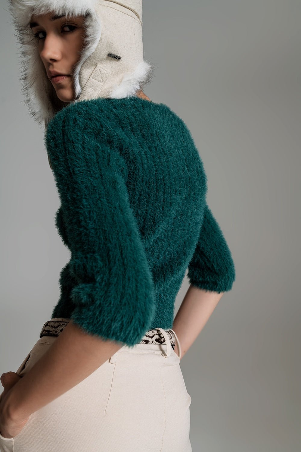 Dark Green Fluffy Knit Sweater With 3/4 Sleeves - Mack & Harvie