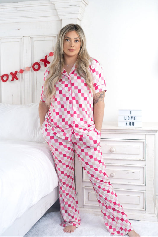 DREAMY PINK CHECKERS WOMEN’S RELAXED FLARE DREAM SET - Mack & Harvie