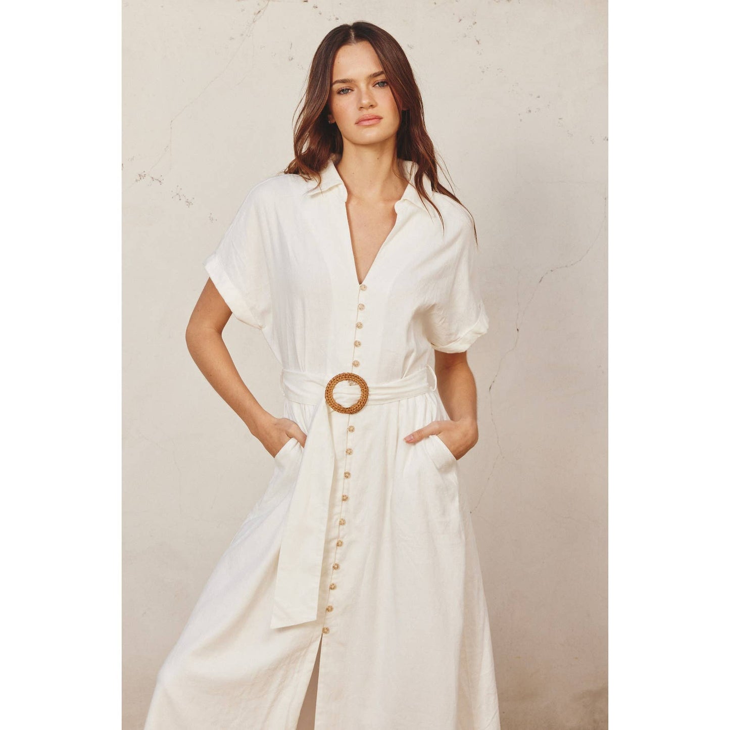 Dress Forum - Cotton Linen Wicker Buckle Maxi Dress: S / IVORY - Mack & Harvie