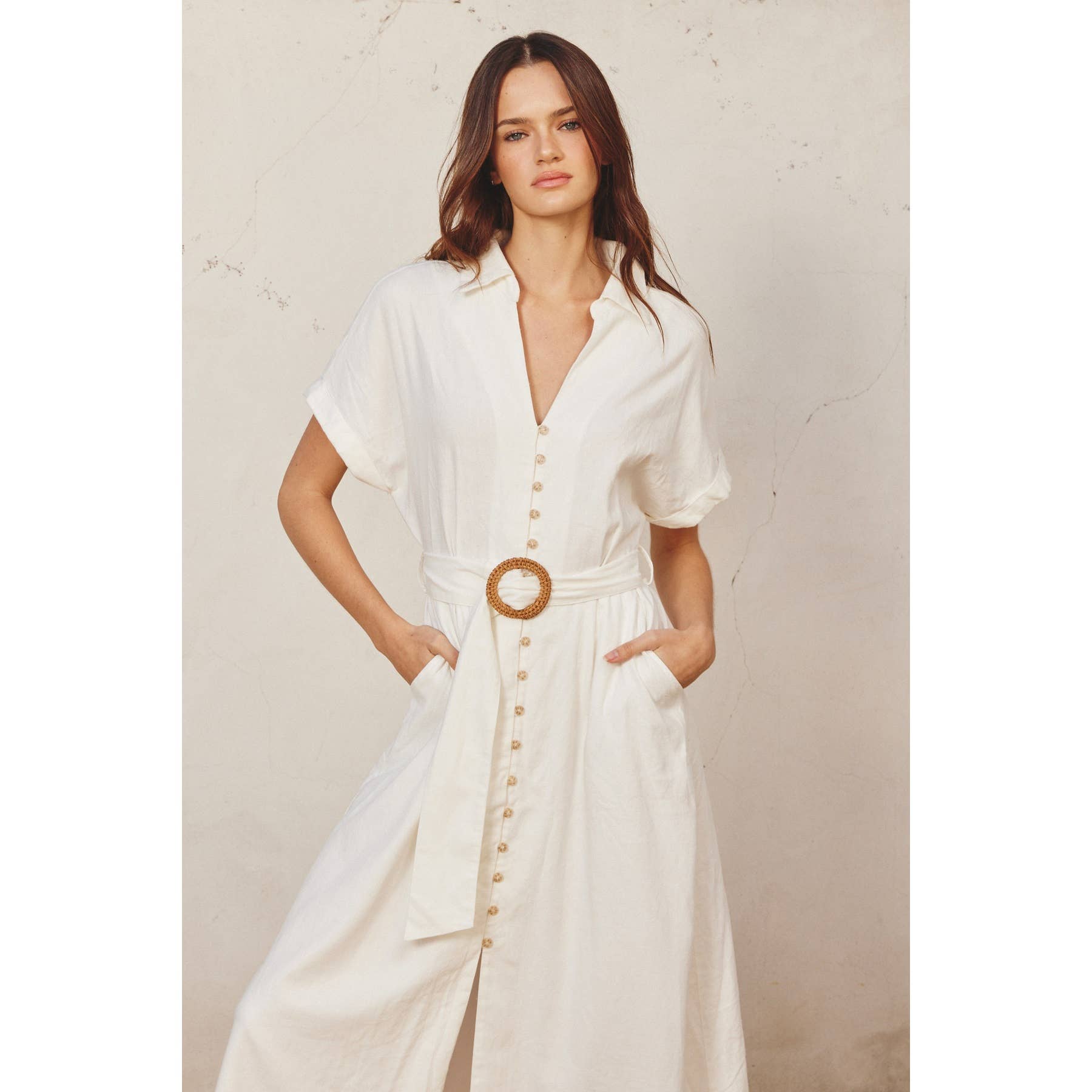 Dress Forum - Cotton Linen Wicker Buckle Maxi Dress: S / IVORY - Mack & Harvie