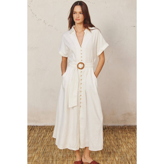 Dress Forum - Cotton Linen Wicker Buckle Maxi Dress: S / IVORY - Mack & Harvie