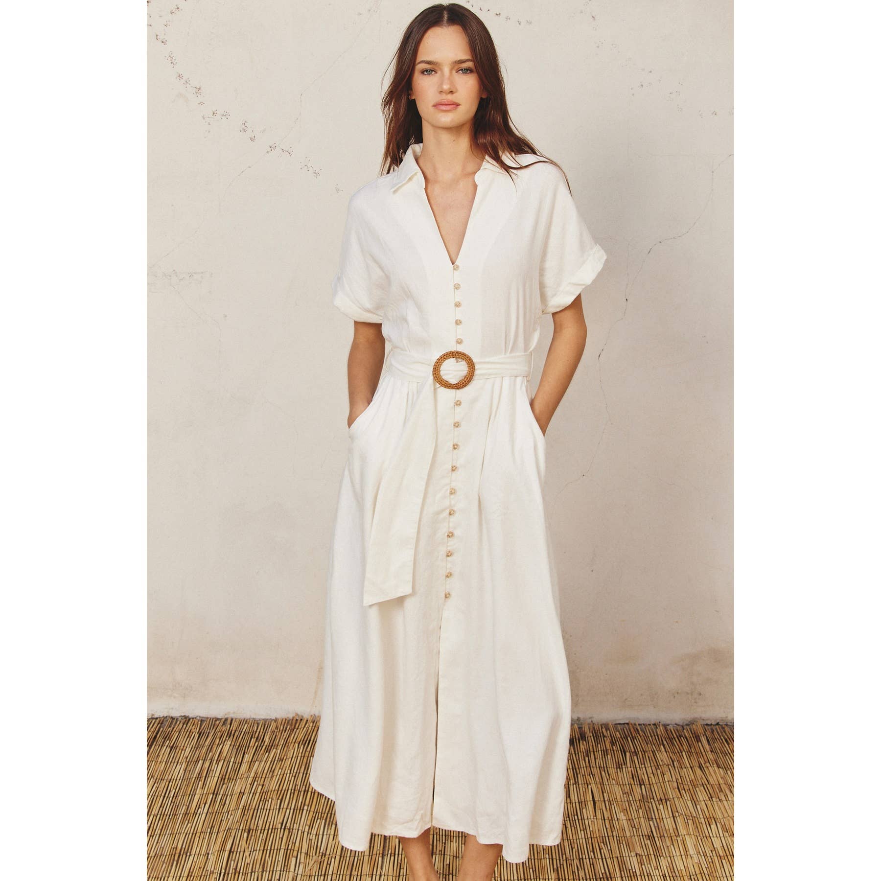 Dress Forum - Cotton Linen Wicker Buckle Maxi Dress: S / IVORY - Mack & Harvie
