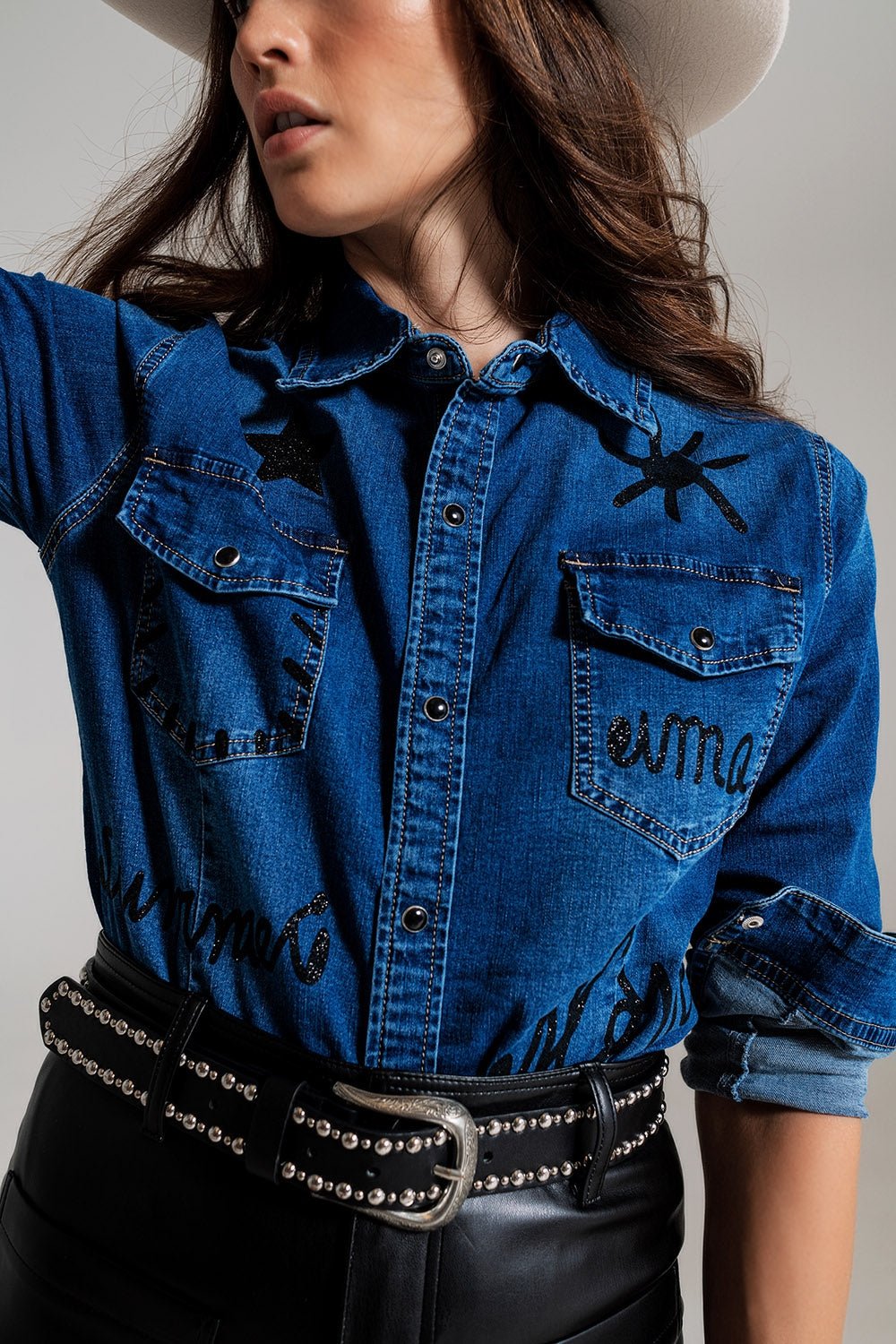 Fitted Denim Shirt With Black Graphic Details With Strass - Mack & Harvie